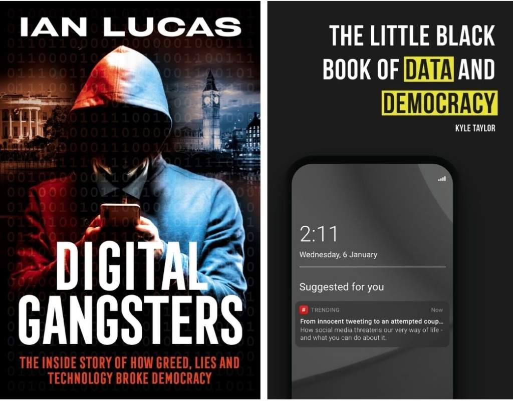 Physical copies of The Little Black Book of Data and Democracy and Digital Gangsters