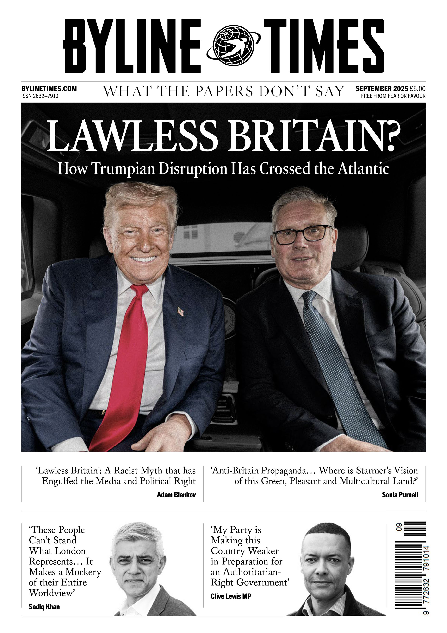 cover of Byline Times edition 77, showing Trump and Starmer in the back of a car together, with the headline "Lawless Britain?"