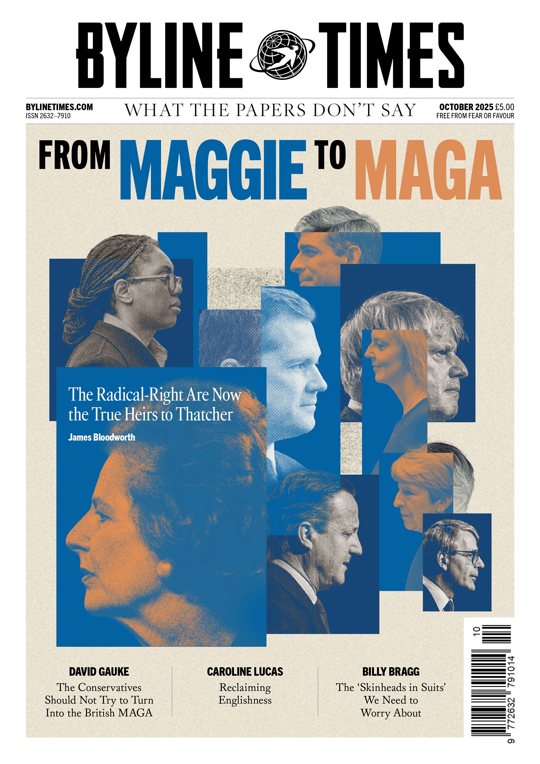 cover of Byline Times edition 78, "From Maggie to MAGA" - a collage of Conservative Party leaders