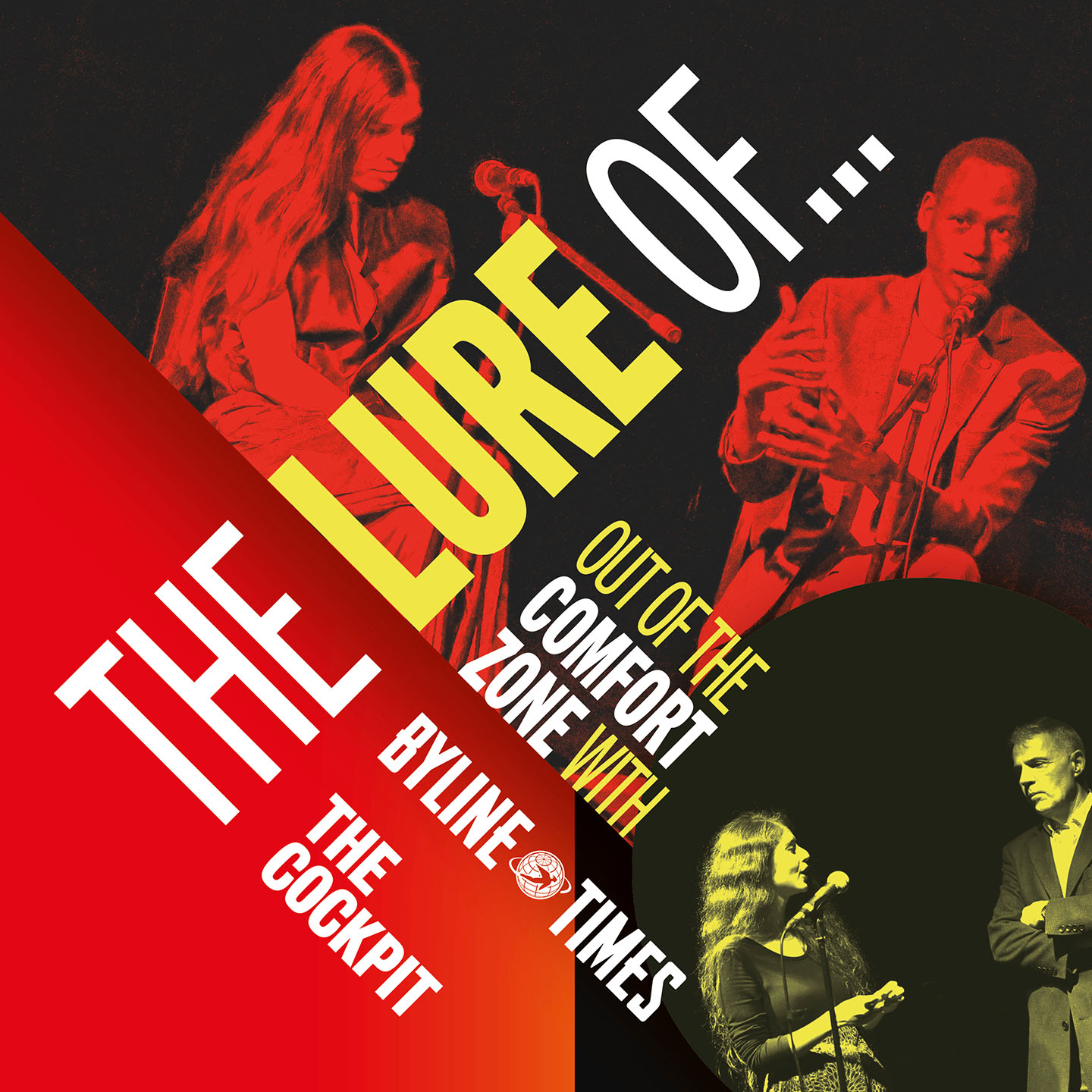 poster for The Lure Of, with text overlaid on top of two images of people on panels from past Lure Of events